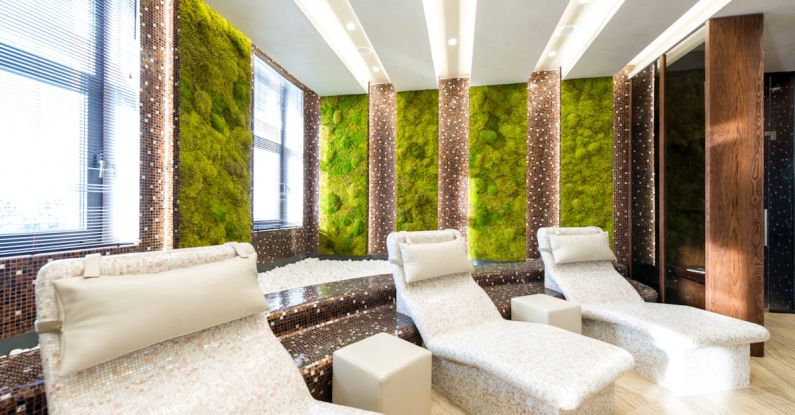 Heat Treating - Comfortable tiled loungers in contemporary wellness center in daylight